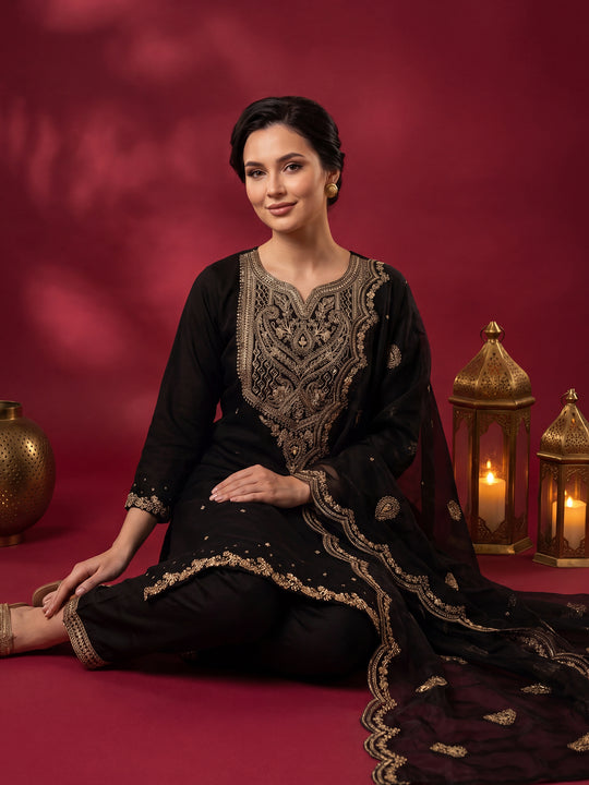 Indo Era Black Embroidered Straight Kurta Trousers With Dupatta Set