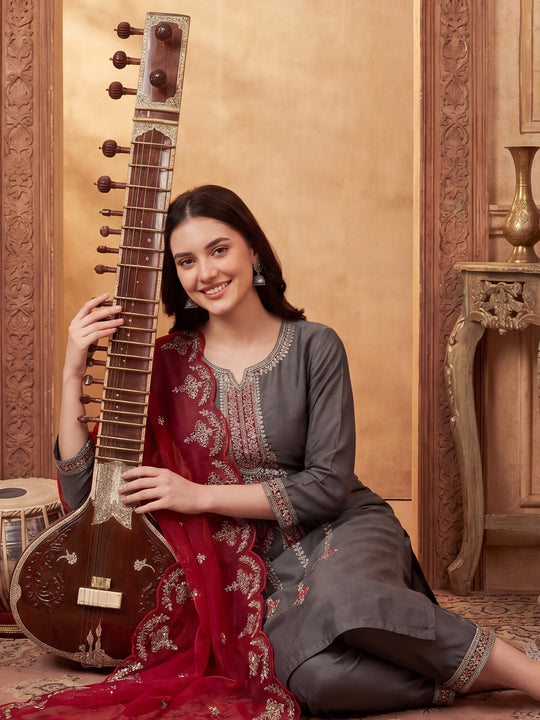Indo Era Grey Embroidered Straight Kurta Trousers With Dupatta Set