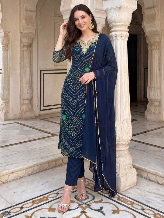 Indo Era Teal Embroidered Straight Kurta Trousers With Dupatta Set