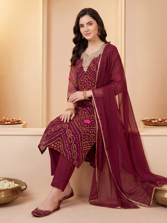 Indo Era Burgundy Embroidered Straight Kurta Trousers With Dupatta Set