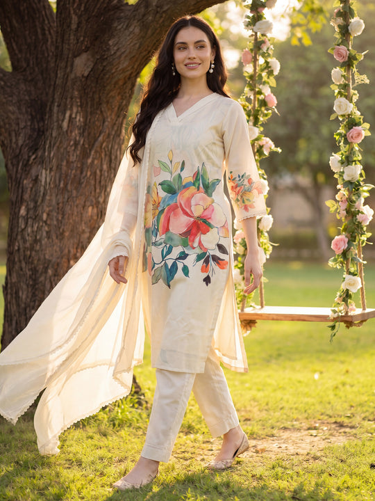 Indo Era Off White Printed Straight Kurta Trousers With Dupatta Set