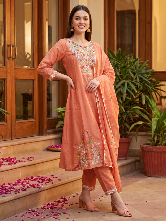 Indo Era Rust Embroidered A-Line Kurta Trousers With Dupatta Set