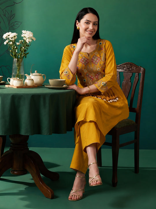 Indo Era Mustard Embroidered A-Line Kurta Trousers Set