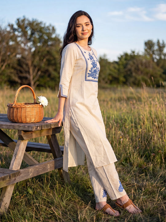 Indo Era Off White Embroidered Straight Kurta Palazzos Set