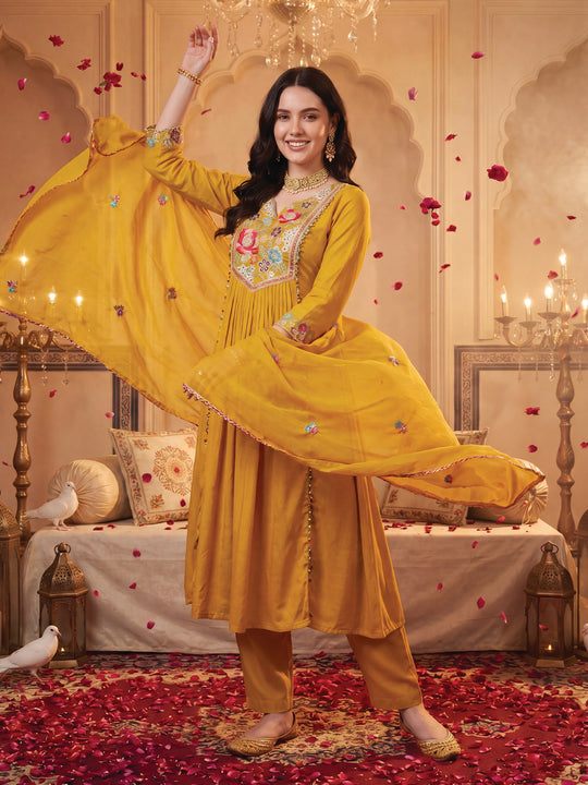Indo Era Yellow Embroidered A-Line Kurta Trousers With Dupatta Set