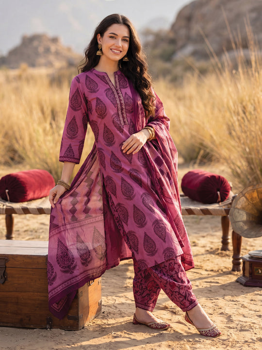 Indo Era Pink Printed Straight Kurta Salwar With Dupatta Set