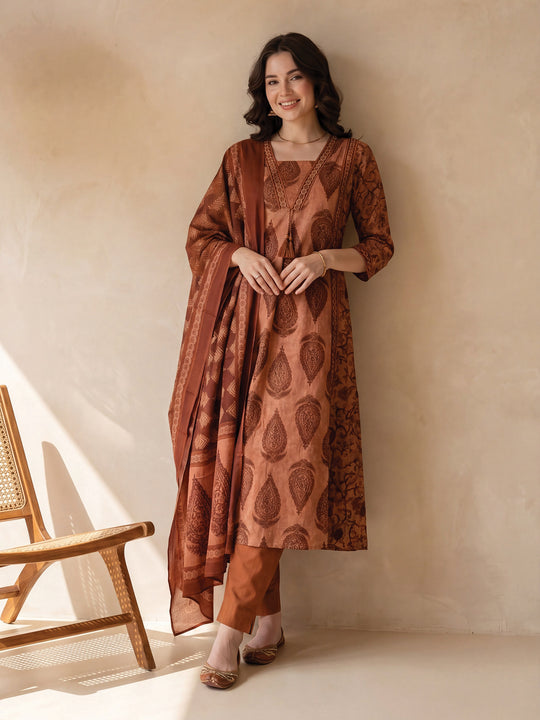 Indo Era Brown Printed A-Line Kurta Trousers With Dupatta Set