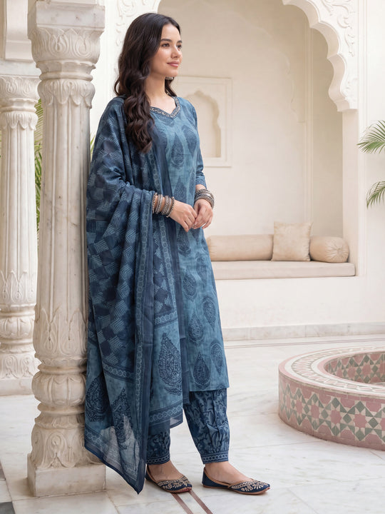 Indo Era Blue Printed Straight Kurta Salwar With Dupatta Set