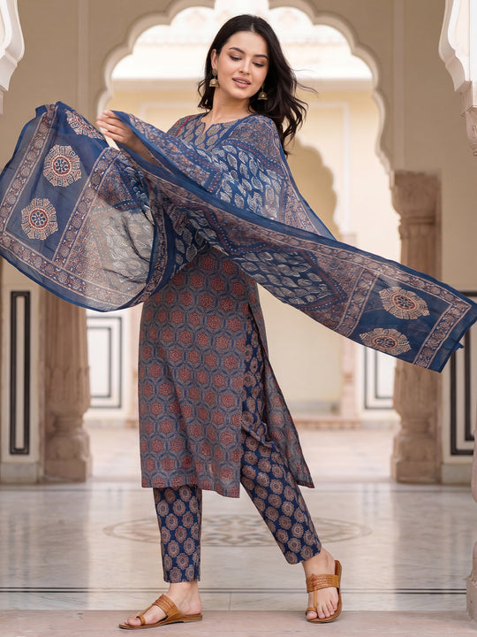 Indo Era Blue Printed Straight Kurta Trousers With Dupatta Set
