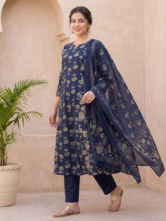 Indo Era Blue Printed A-Line Kurta Trousers With Dupatta Set