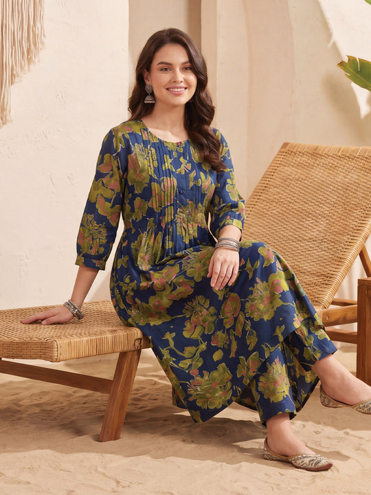 Indo Era Navy Blue Printed A-Line Kurta Trousers Set