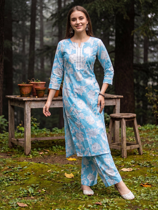 Indo Era Blue Printed Straight Kurta Trousers Set