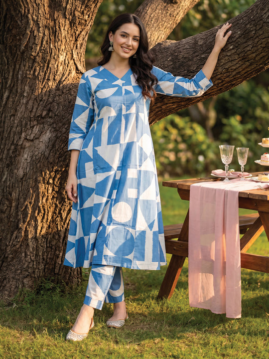 Indo Era Blue Printed A-Line Kurta Trousers Set
