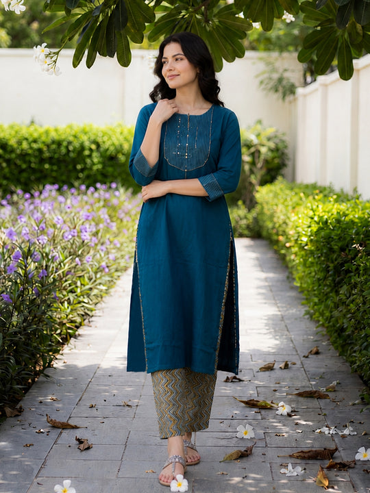 Indo Era Blue Yoke Design A-Line Kurta Palazzos Set