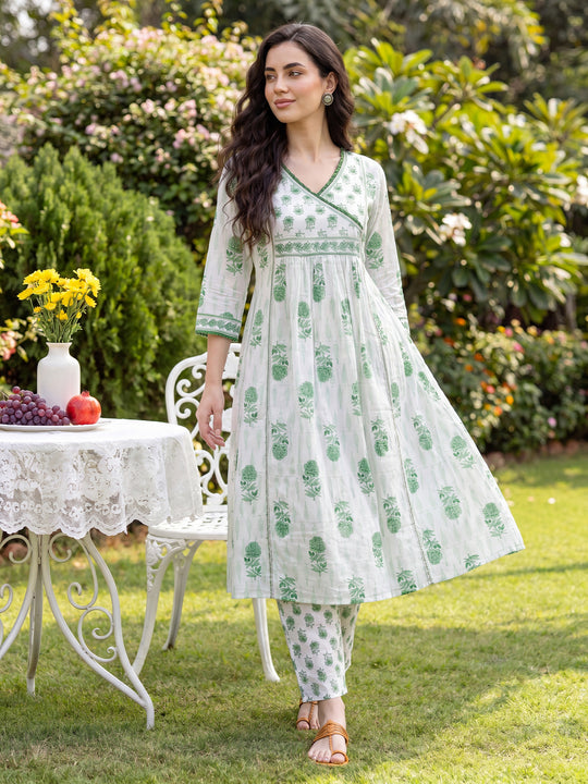 Indo Era White Printed A-Line Kurta Trousers Set