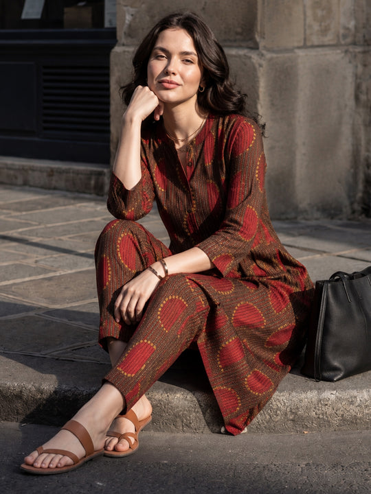 Indo Era Brown Printed A-Line Kurta Trousers Set