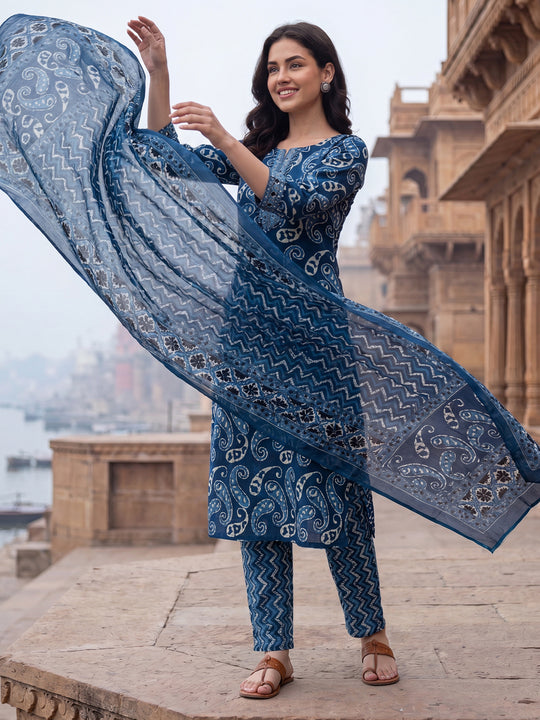 Indo Era Blue Printed Straight Kurta Trousers With Dupatta Set