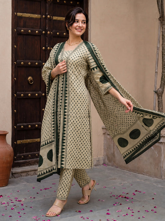 Indo Era Beige Printed A-Line Kurta Trousers With Dupatta Set