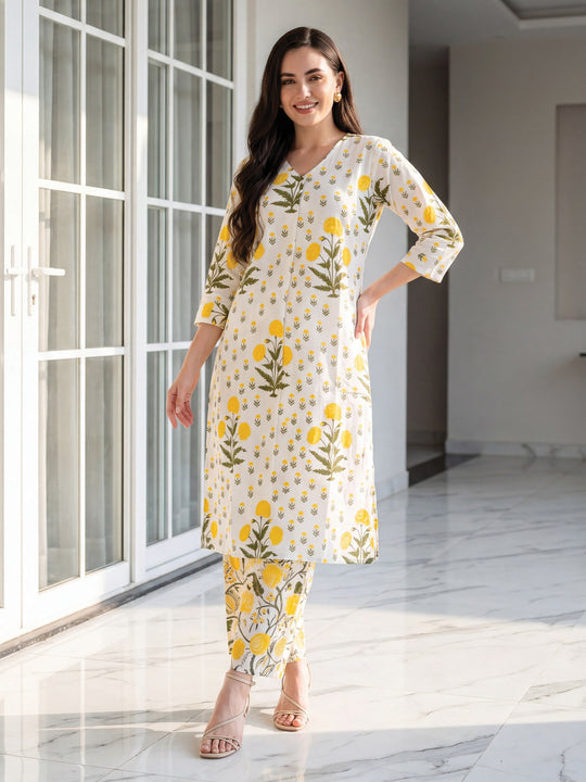 Indo Era White Printed A-Line Kurta Palazzos Set