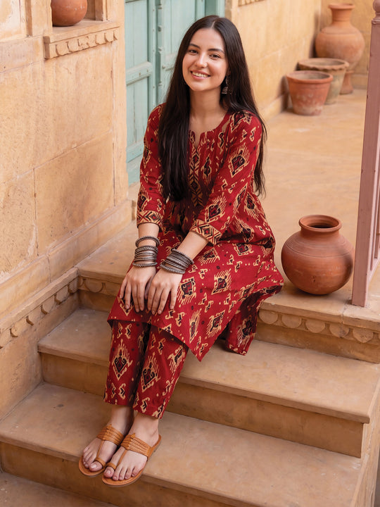 Indo Era Maroon Printed A-Line Kurta Trousers Set
