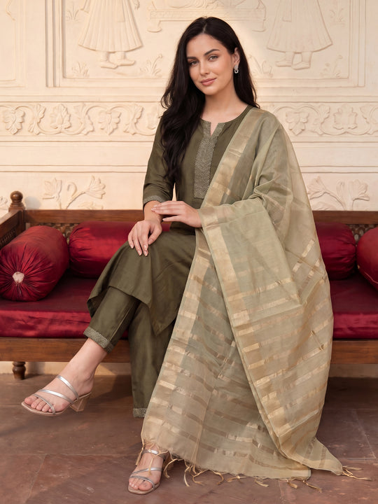 Indo Era Green Yoke Design Straight Kurta Trousers With Dupatta Set