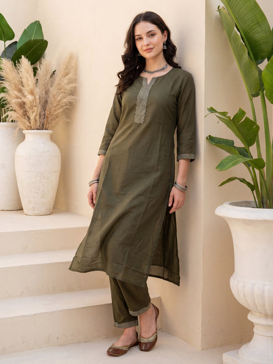 Indo Era Green Yoke Design Straight Kurta Trousers Set