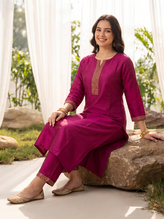 Indo Era Pink Yoke Design Straight Kurta Trousers Set