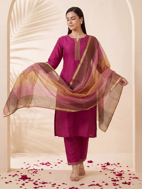 Indo Era Pink Yoke Design Straight Kurta Trousers With Dupatta Set