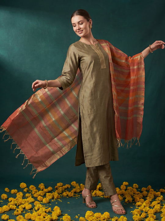 Indo Era Grey Yoke Design Straight Kurta Trousers With Dupatta Set
