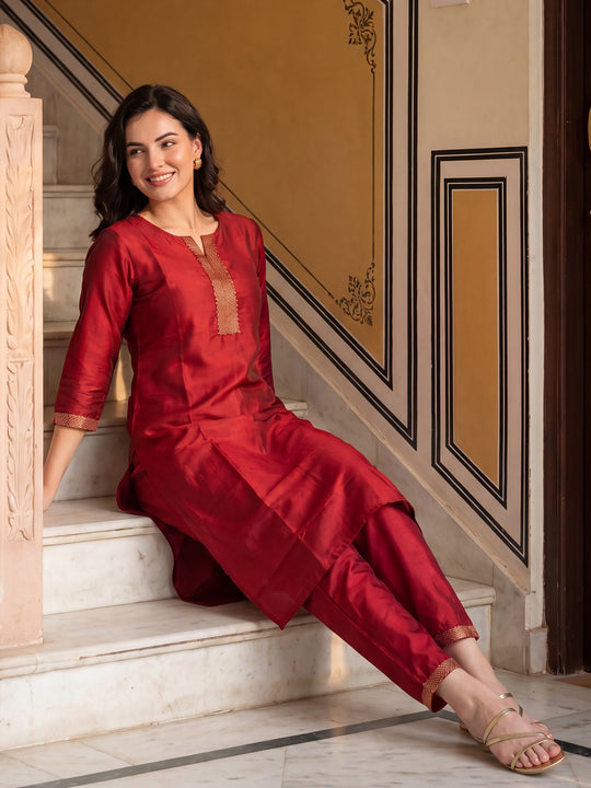 Indo Era Red Yoke Design Straight Kurta Trousers Set