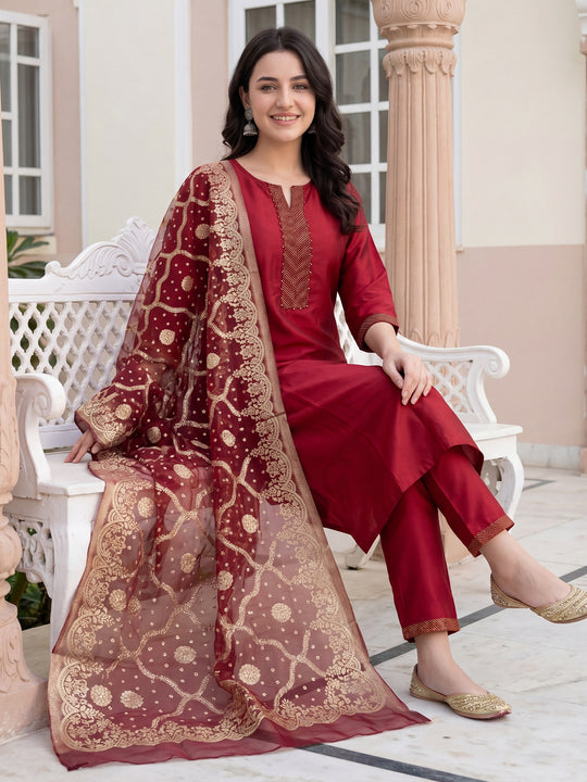 Indo Era Red Yoke Design Straight Kurta Trousers With Dupatta Set