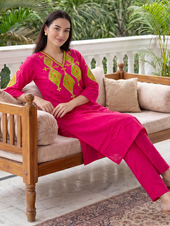 Indo Era Pink Embroidered Straight Kurta Trousers Set