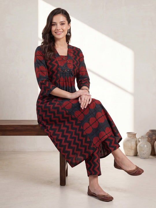 Indo Era Maroon Printed A-Line Kurta Trousers Set
