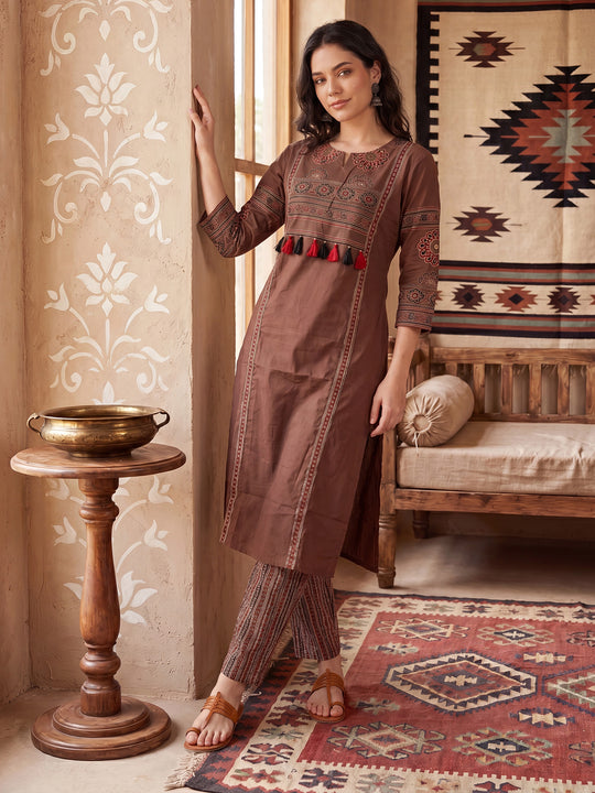 Indo Era Brown Yoke Design Straight Kurta Trousers Set