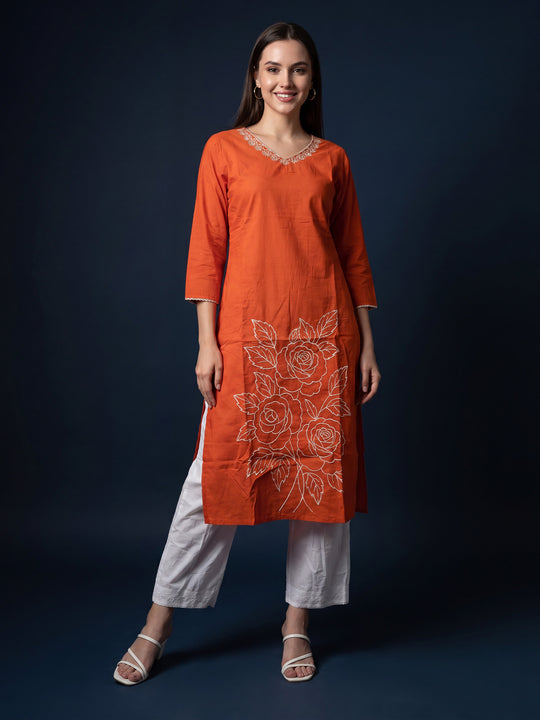 Indo Era Rust Embroidered Straight Kurtas