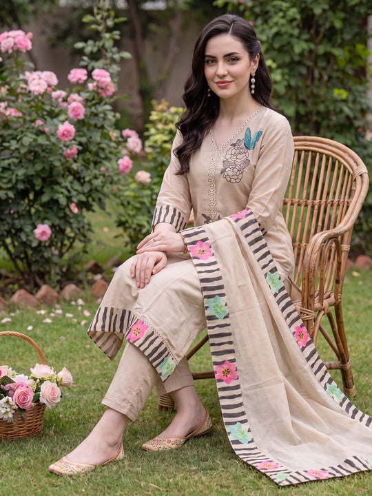 Indo Era Beige Embroidered Straight Kurta Trousers With Dupatta Set