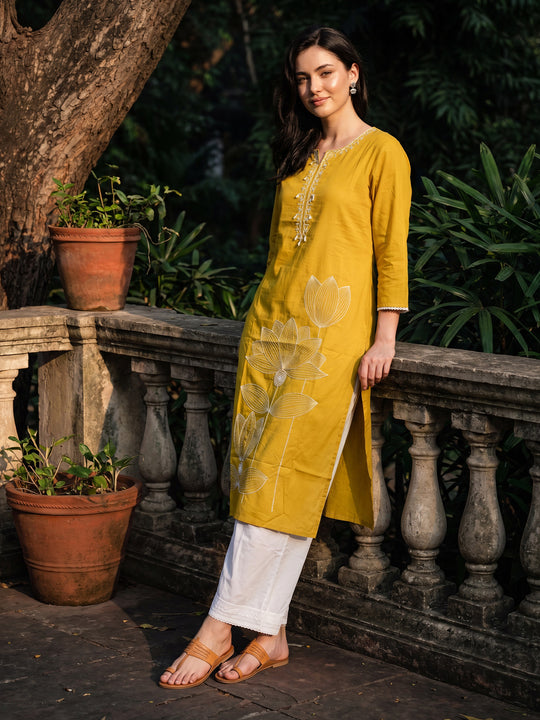 Indo Era Yellow Embroidered Straight Kurtas