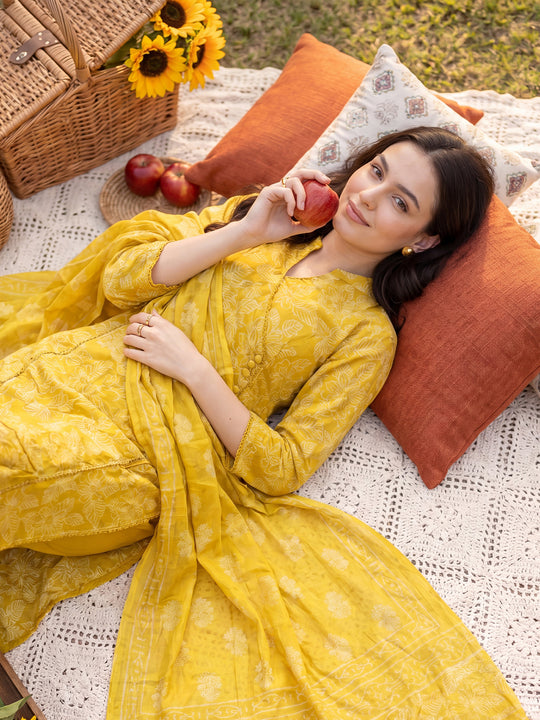 Indo Era Mustard Printed Straight Kurta Trousers With Dupatta Set