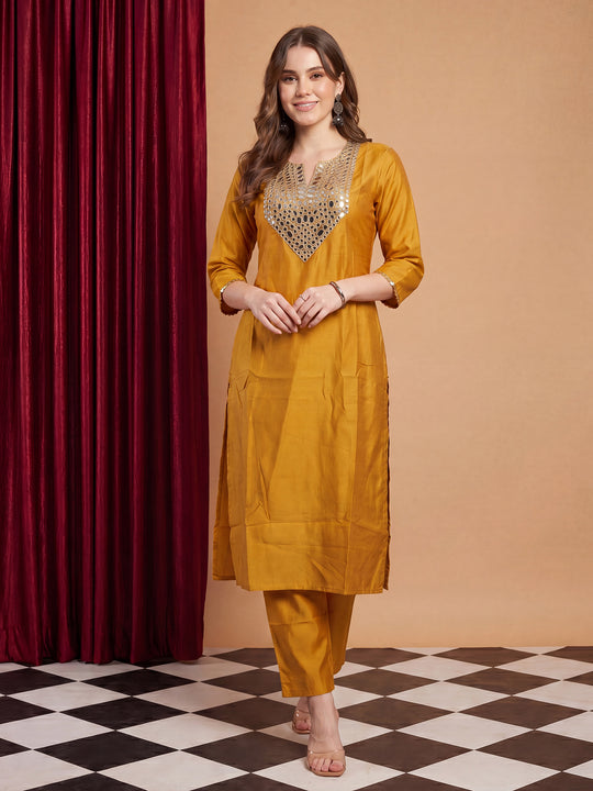 Indo Era Yellow Embroidered Straight Kurta Trousers Set