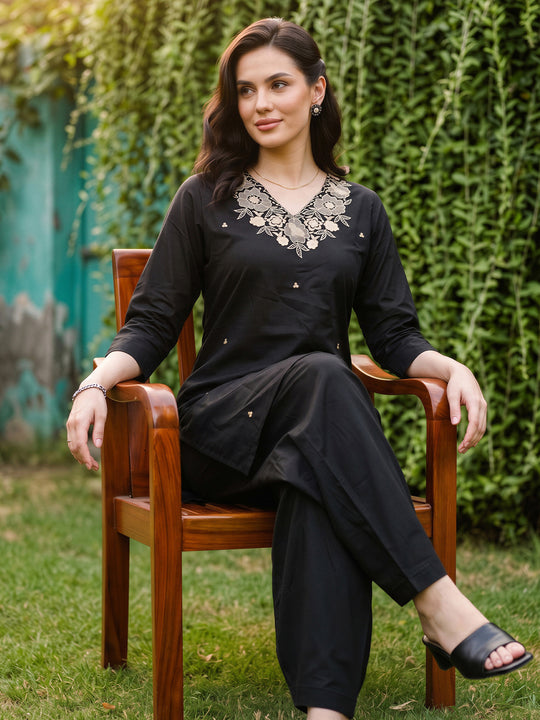 Indo Era Black Embroidered Straight Kurta Salwar Set