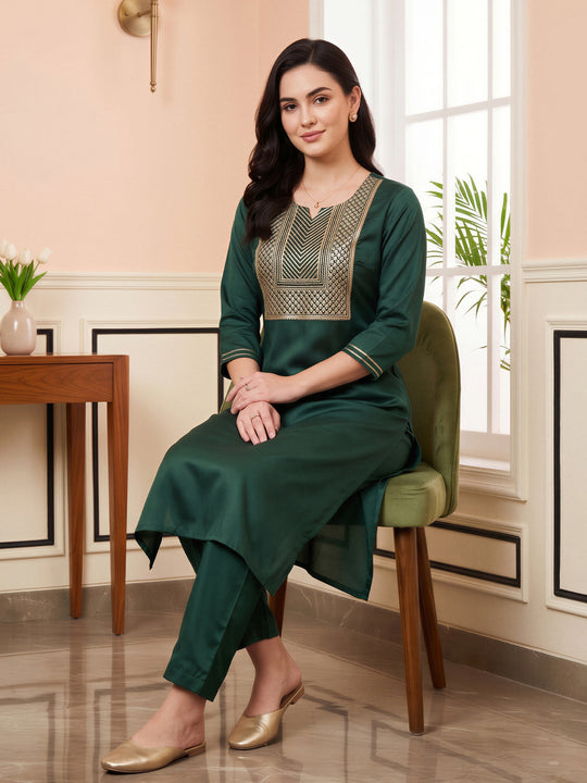 IndoEraGreenEmbroideredStraightKurtaTrousersSet