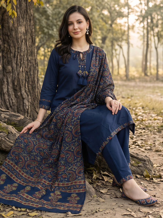 IndoEraBlueYokeDesignStraightKurtaTrousersWithDupattaSet
