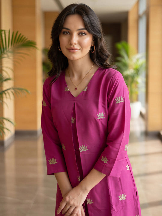 Indo Era Pink Embroidered A-Line Kurta Trousers Set