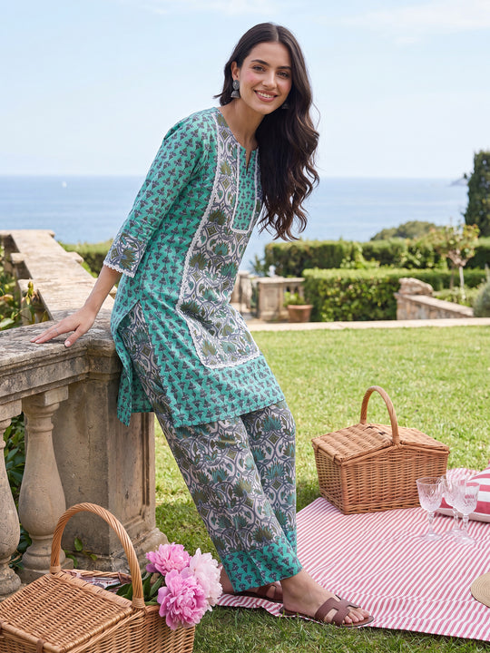 Indo Era Green Printed Straight Kurta Trousers set