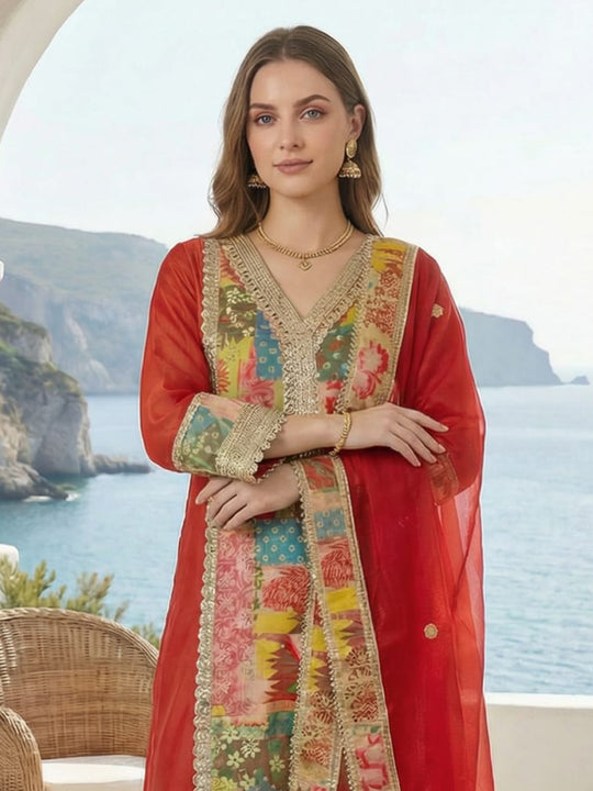 Indo Era Rust Printed A-Line Kurta Palazzos With Dupatta set