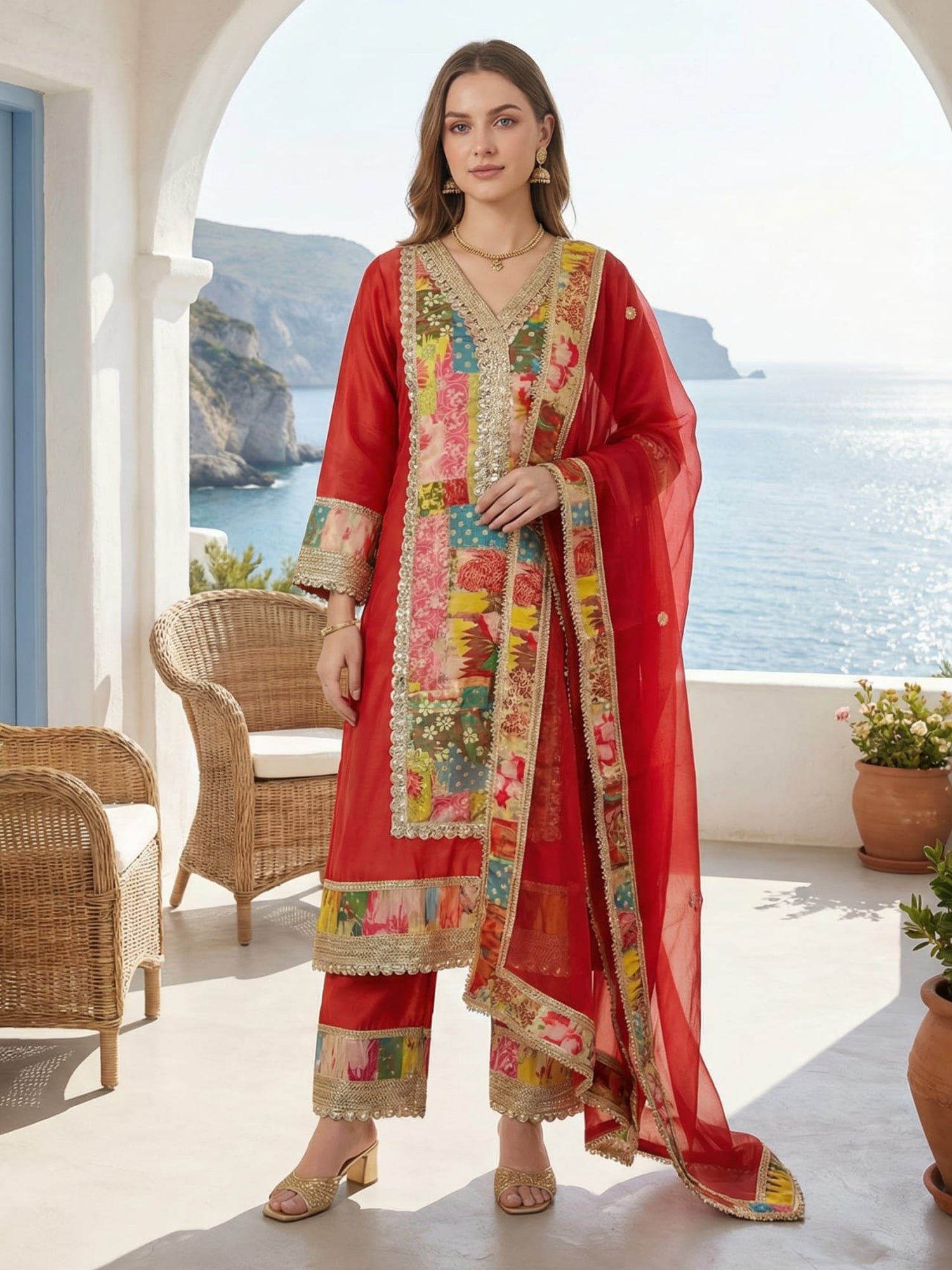 Indo Era Rust Printed A-Line Kurta Palazzos With Dupatta set