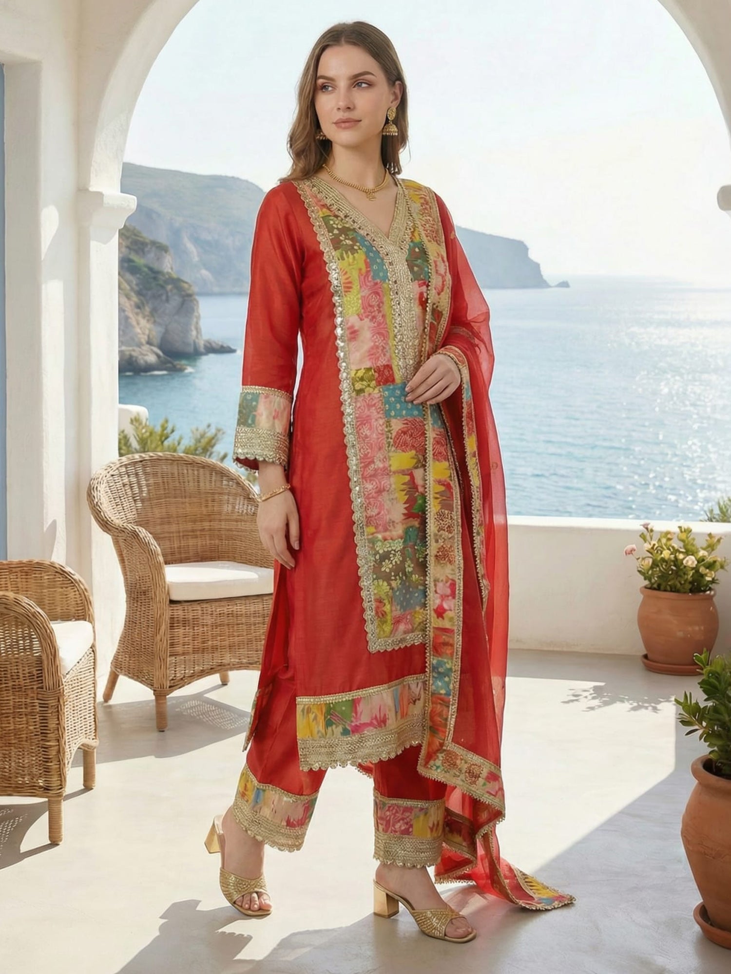 Indo Era Rust Printed A-Line Kurta Palazzos With Dupatta set