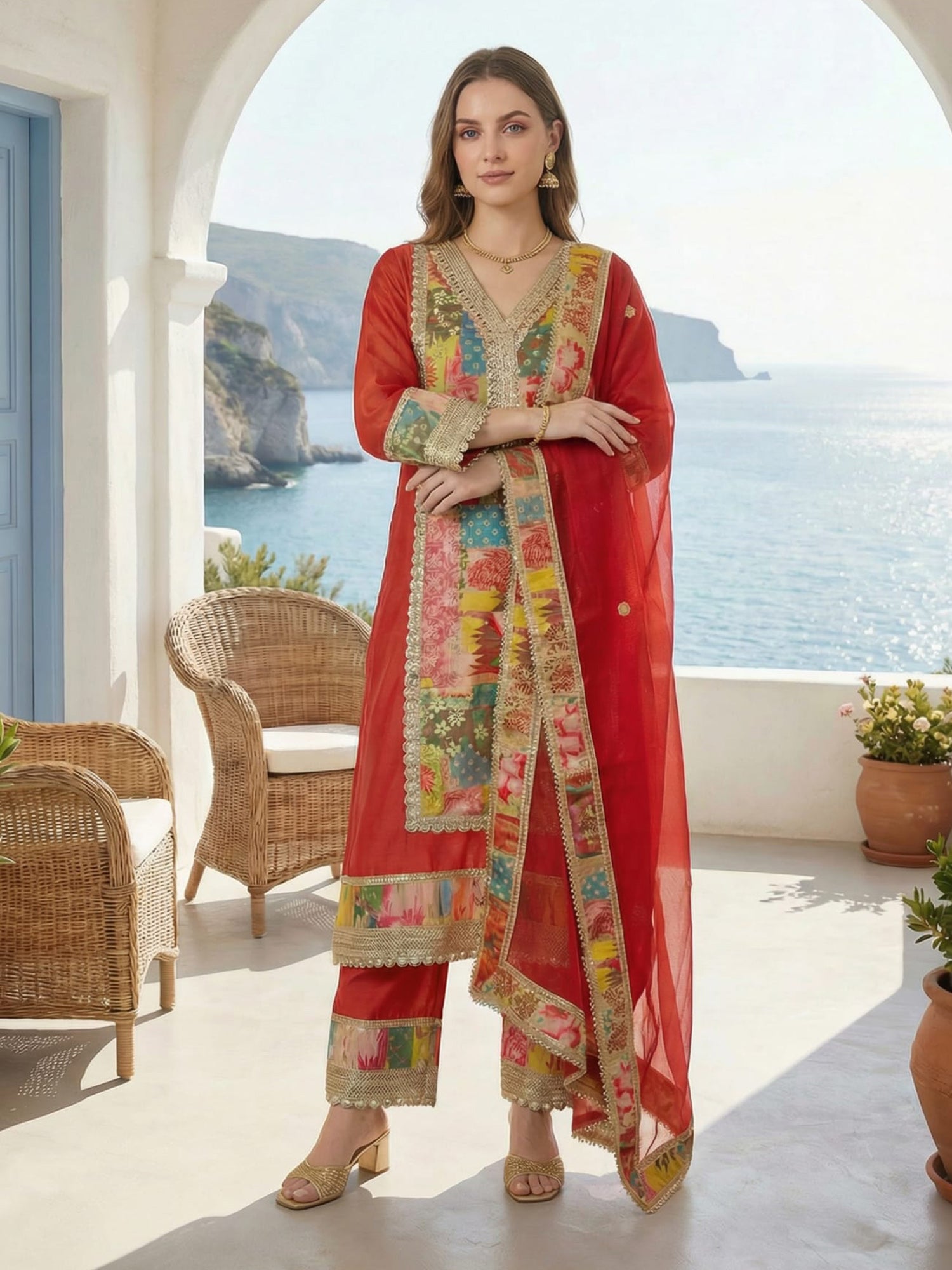Indo Era Rust Printed A-Line Kurta Palazzos With Dupatta set