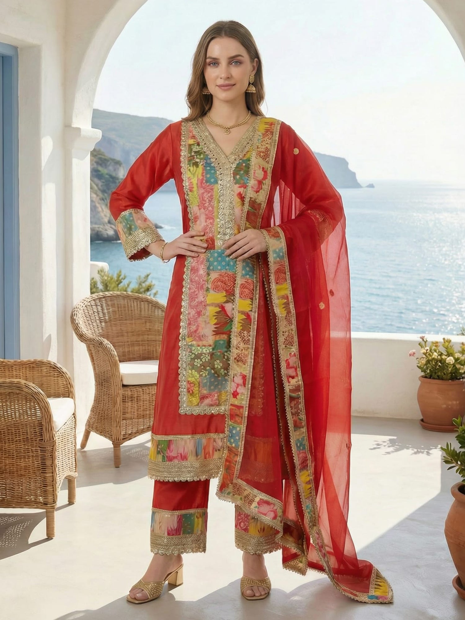 Indo Era Rust Printed A-Line Kurta Palazzos With Dupatta set
