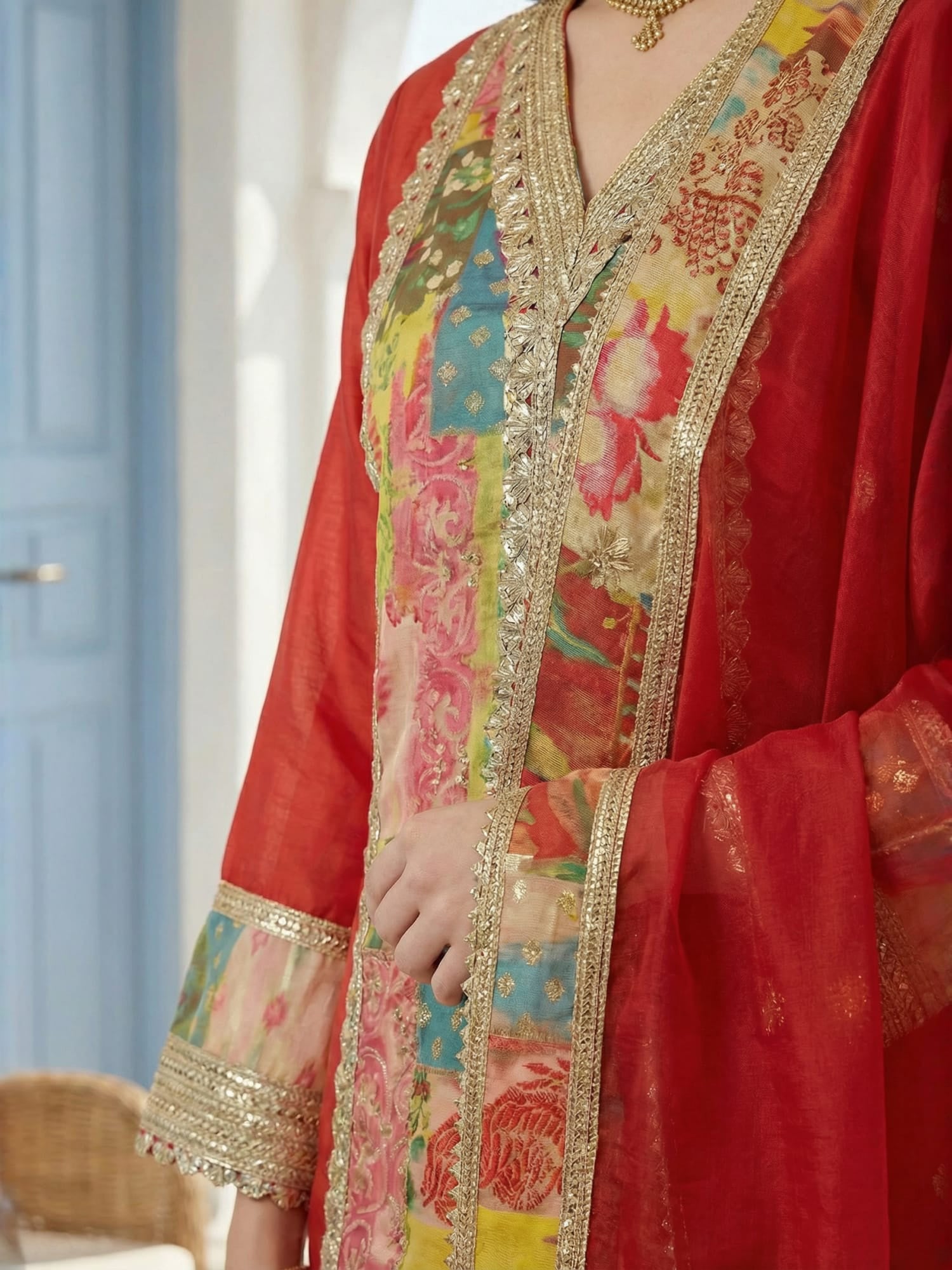 Indo Era Rust Printed A-Line Kurta Palazzos With Dupatta set